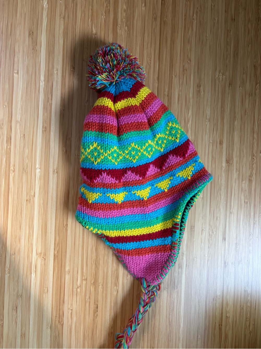 Multicolor Earflap Knit Beanie Hat with Pom Pom
